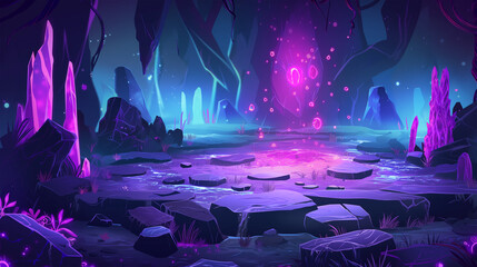 The Cartoon and realistic, stone battleground platform at night neon style look, Illustration