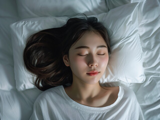 朝のベッドでぐっすり眠る若い女性