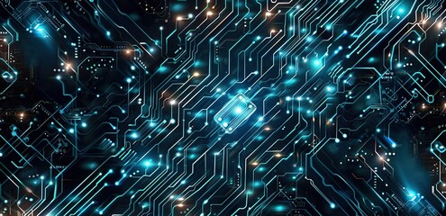 Digital background featuring circuit board, tech elements with glowing blue lights and dark tones.