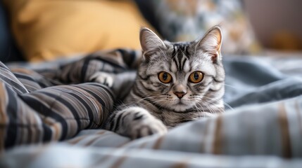 A cute cat is lying on a bed. The cat has big green eyes and is looking at the camera. The cat is surrounded by soft blankets.
