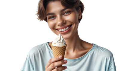 Smiling woman enjoying a vanilla ice cream cone, PNG with transparent background. Ideal for lifestyle, health, and wellness promotions.