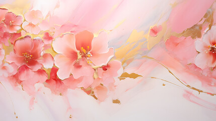 Thick paint thick strokes scraper acrylic gold white pink flowers background poster decorative painting