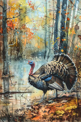 Wild Turkeys in the Forest.  Generated Image.  A digital illustration of wild turkeys in a forest as a watercolor painting.