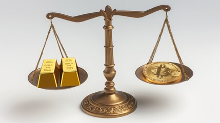 A golden Bitcoin symbol and gold ingots on a scale represent cryptocurrency and gold investment, showcasing the balance between digital and traditional wealth.