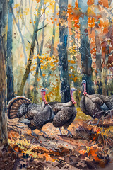 Wild Turkeys in the Forest.  Generated Image.  A digital illustration of wild turkeys in a forest as a watercolor painting.