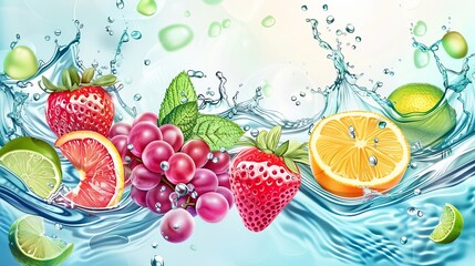 Water wave splash with fruits, background for fruit juice drink, realistic vector. Orange, apple, strawberry and raspberry berry with grape and lime fruits in splash of fresh water wave in pour flow 