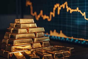 Stacked gold bars with glowing financial graph, representing wealth and stable investment. Perfect for financial analysis and economic trends discussions.