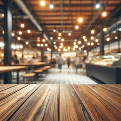 Wooden surface with blurred background of a store or shopping area with hanging lights, Generative Ai.