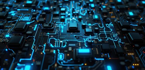 Fototapeta premium Digital background featuring circuit board, tech elements with glowing blue lights and dark tones.