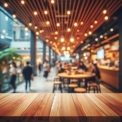 Wooden surface with blurred background of a store or shopping area with hanging lights, Generative Ai.