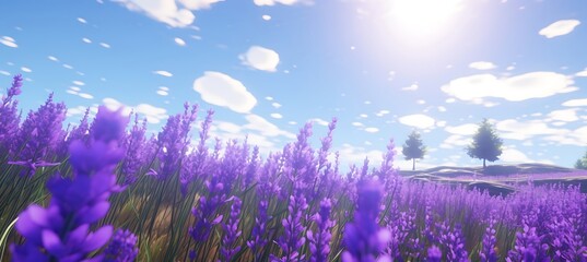 Gorgeous Lavender Field in Full Bloom: Tranquil Landscape with Rows of Lavender Flowers Swaying Gently in the Breeze on a Sunny Day, Perfect for Relaxation and Meditation