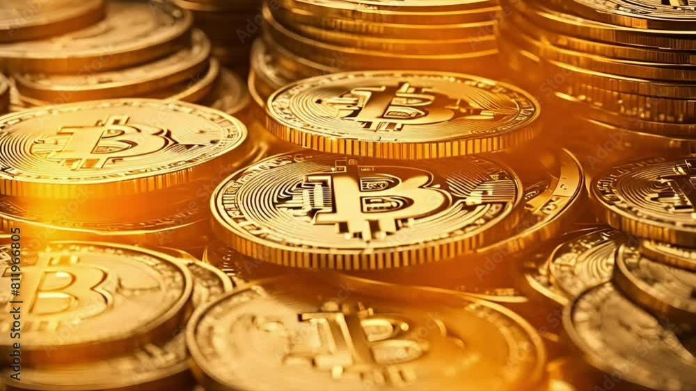 Poster stack of bitcoin gold with illuminated by sunlight and blurred background and copy space area.