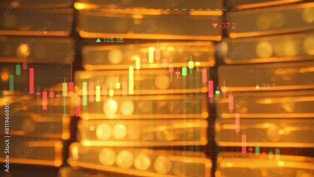 Poster stack of bitcoin gold with illuminated by sunlight and animated graphic chart.
