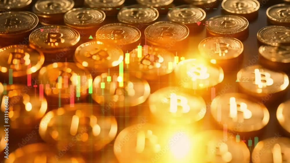 Poster stack of bitcoin gold with illuminated by sunlight and animated graphic chart.