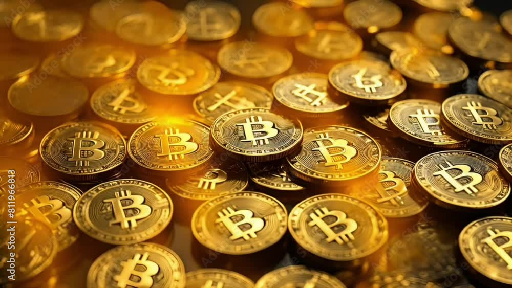 Poster stack of bitcoin gold with illuminated by sunlight and blurred background and copy space area.