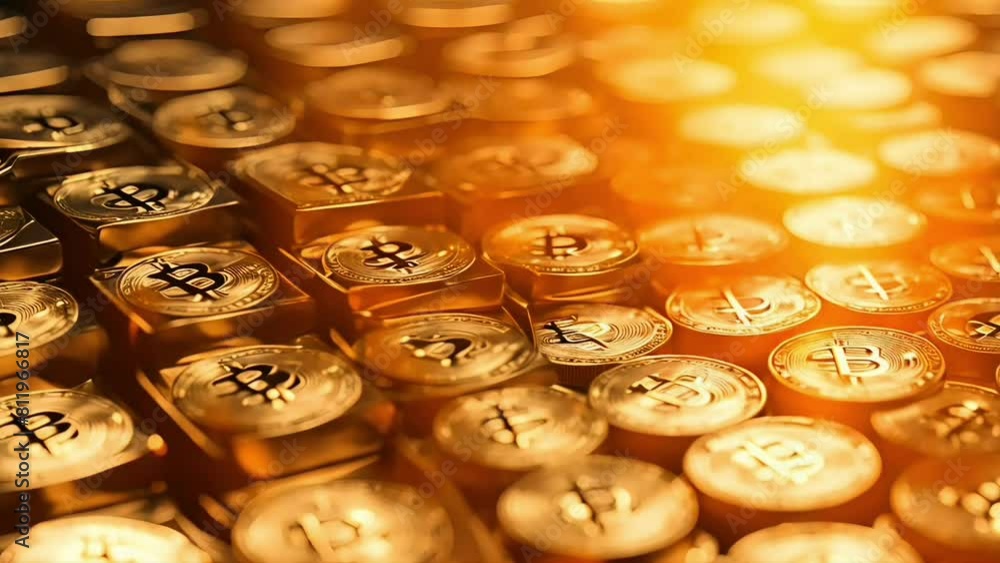 Aufkleber stack of bitcoin gold with illuminated by sunlight and blurred background and copy space area.