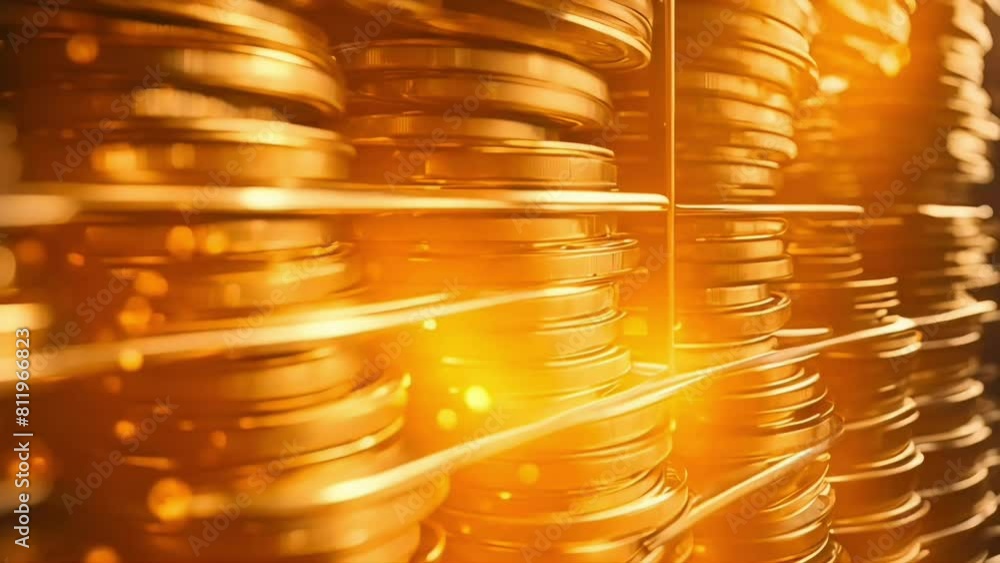 Poster stack of bitcoin gold with illuminated by sunlight and animated graphic chart.