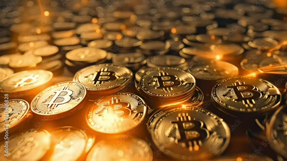 Poster stack of bitcoin gold with illuminated by sunlight and blurred background and copy space area.