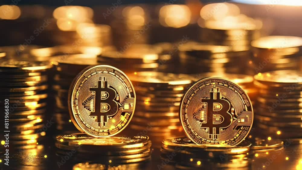 Poster stack of bitcoin gold with illuminated by sunlight and blurred background and copy space area.