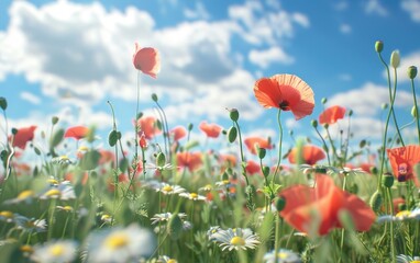 Wild poppies and daisies bloom under a sunny sky with fluffy clouds.