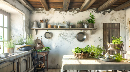 Rustic country kitchen with white walls, wooden ceiling beams and an old table with a tea service, with a basket full of fresh herbs. 