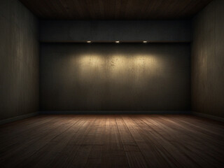 Empty black dark room with wooden flooring