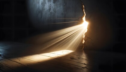 dark room with a single beam of light coming through the cracks in a wall