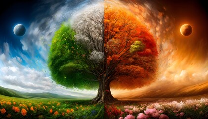 Artwork of a tree representing four seasons