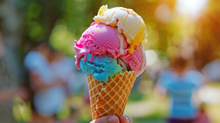 Naklejka premium A small childs hand gripping a colorful ice cream cone, with vibrant multicolored scoops that are beginning to melt The background is a bright, sunny park with other children playing in soft focus The