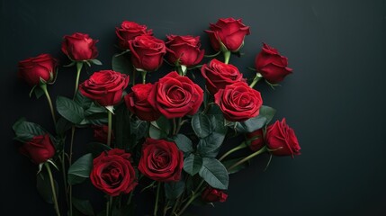 A stunning bouquet of vibrant red roses stands out against a sleek black backdrop