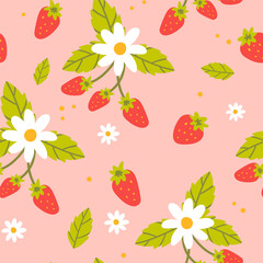  Seamless pattern with strawberries. Modern seamless strawberry pattern with leaves, branches and flowers. Contemporary summer botany art print.