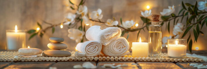 Cozy spa setting with towels and candles. Great for promoting spa services, wellness retreats, and therapeutic environments.