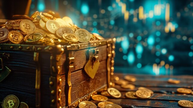 Cryptocurrency concept with bitcoins in a treasure chest and digital charts. Suitable for topics on digital currency and investment strategies.