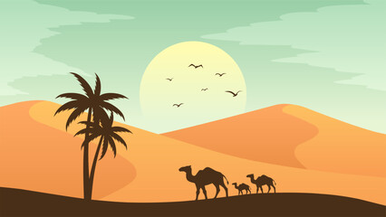 Landscape illustration of camels silhouette in the sand desert