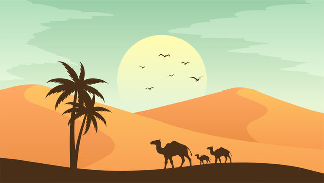 Landscape illustration of camels silhouette in the sand desert