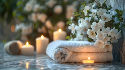 An opulent spa tableau with fragrant white flowers, flickering candles casting a gentle glow, and a folded towel placed elegantly on smooth marble, with the Holy Quran providing a sense of sacred