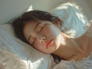 朝のベッドでぐっすり眠る若い女性