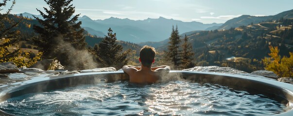 Dad relaxing in a hot tub, mountain view, ultimate leisure in a luxury resort