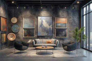 Art gallery with an array of abstract paintings, evoking a sense of contemporary creativity and modern aesthetics. Suitable for art, design, and cultural themes.