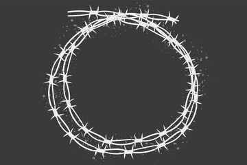 Barbed wire twisted ring y2k, round border tattoo, gothic textured steel frame, spiky oval barrier, silhouette isolated on dark background.