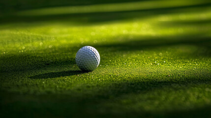 Pristine golf ball sits illuminated by the early morning sunlight on a vibrant green fairway, exuding tranquility and the promise of play