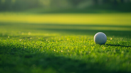 Close-up of a golf ball on lush grass, bathed in the warm, golden light of a setting sun
