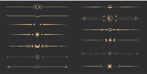 Golden divider celestial border with stars moon and sun thin line elegant simple decoration, mystic tarot separator, minimalist magic gold design element on dark background