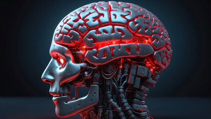 A image of a 3d rendered illustration of a electronic metal human brain with red growing lightning 