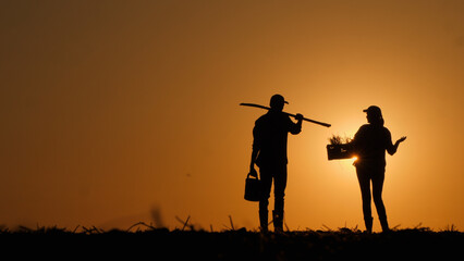 Two farmers talking in a field at sunset. Rearrange working tools