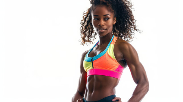 Confident african american female fitness model displaying her toned physique in colorful sportswear on a pure white background