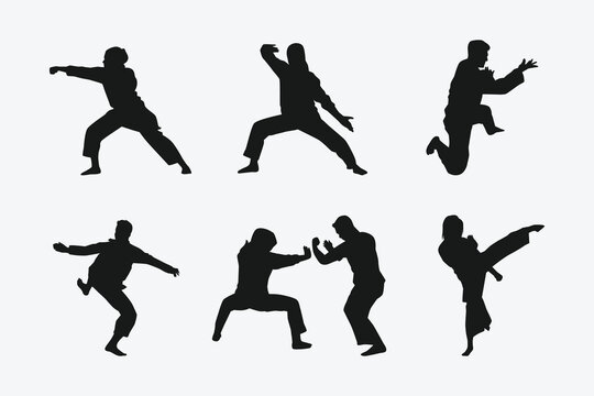 set of silhouettes of martial arts pencak silat with different action, pose. isolated on white background. vector illustration.