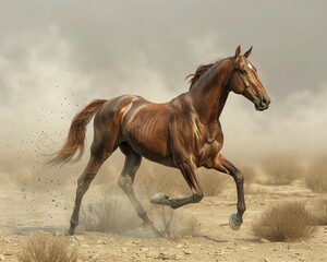 Obraz premium A wild horse runs free in the desert, its mane and tail flying in the wind. The horse is a symbol of freedom and adventure.
