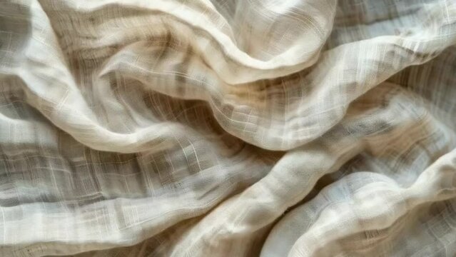 Cose-up captures the organic texture and subtle grid pattern of natural linen fabric, highlighting the elegance and simplicity of sustainable textiles in neutral tones