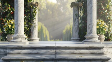 A timeless setting for displaying classical sculptures: A marble podium against an Italian Renaissance Garden backdrop. - Powered by Adobe